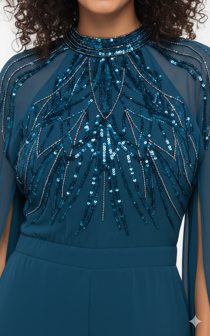 Teal  embroidered party jumpsuit