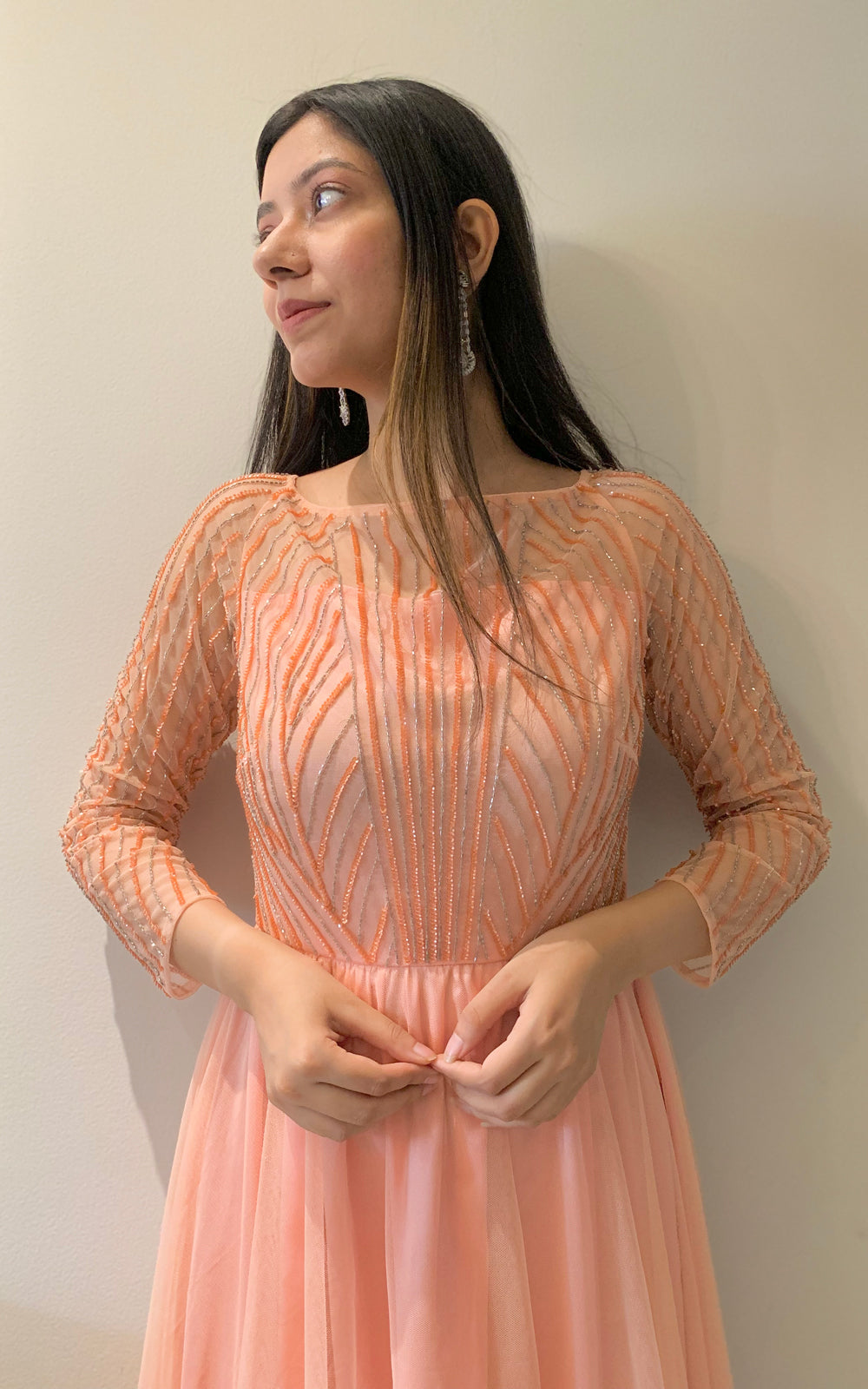 Peach -full sleeves embellished gown