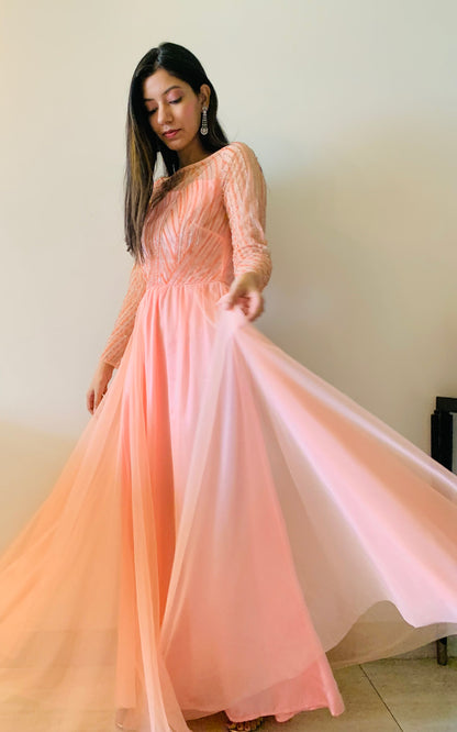 Peach -full sleeves embellished gown