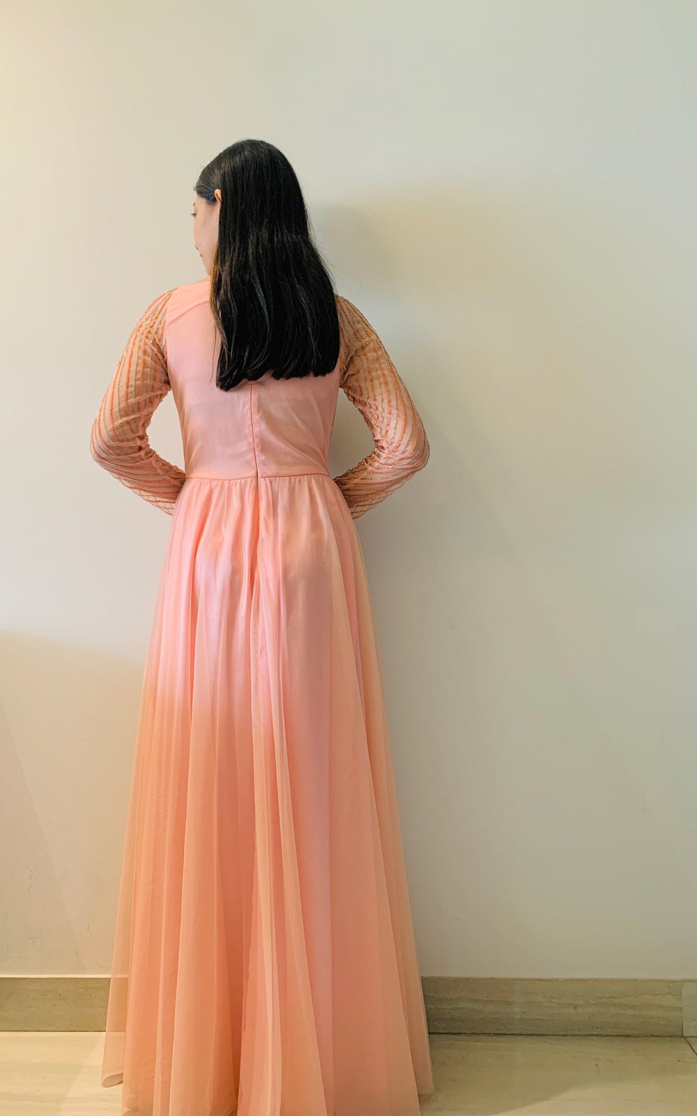 Peach -full sleeves embellished gown