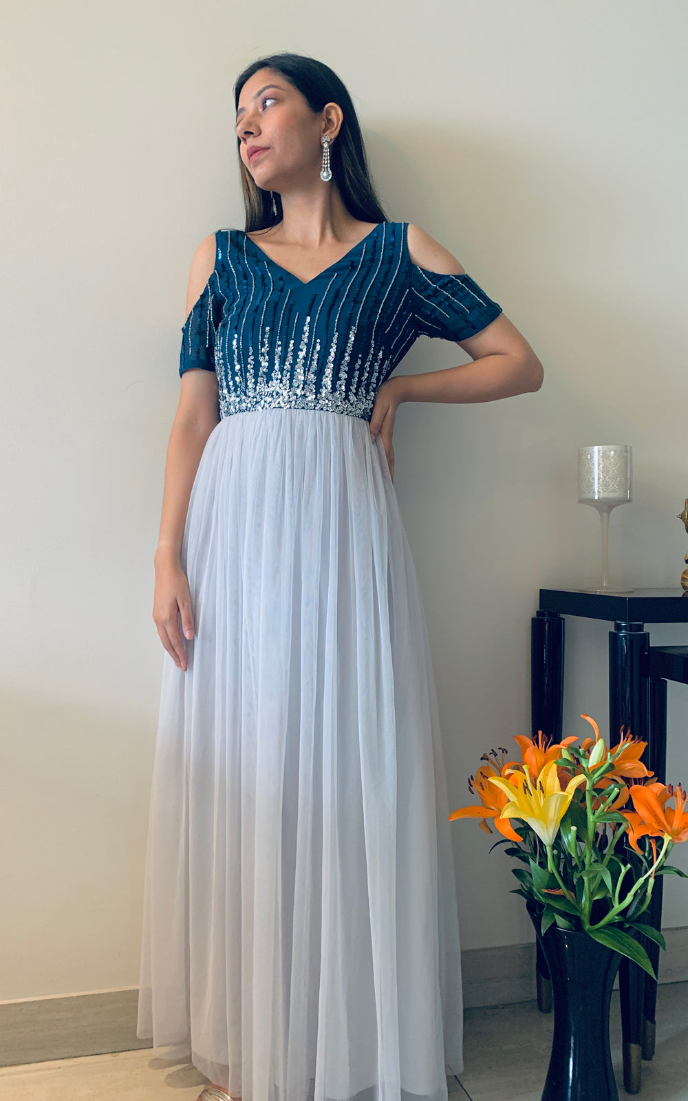 Cold-shoulder V neck embellished  gown