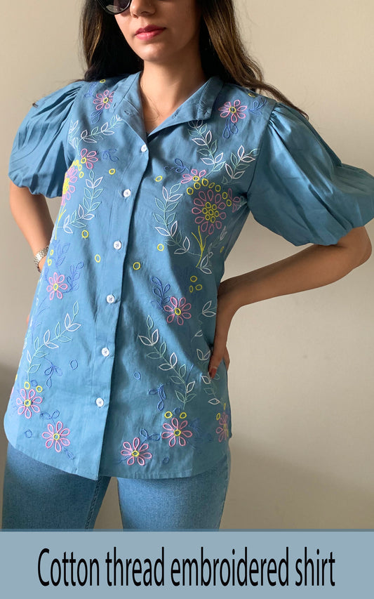 Women's multi- thread embroidered cotton  shirt