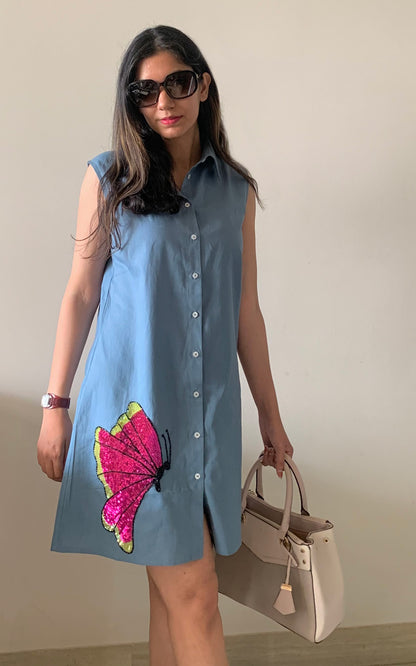 Cotton Butterfly embroidered  shirt dress