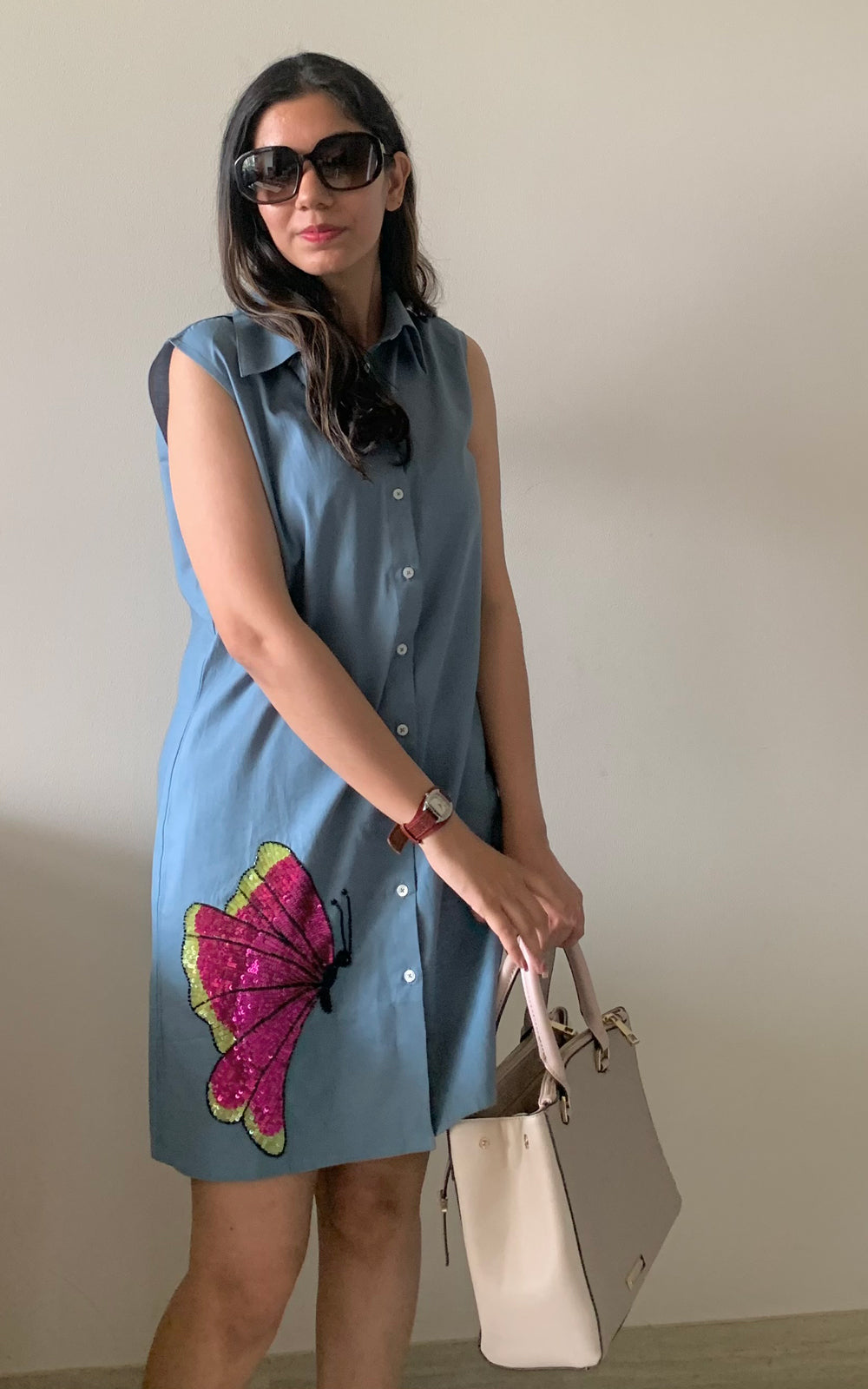 Cotton Butterfly embroidered  shirt dress