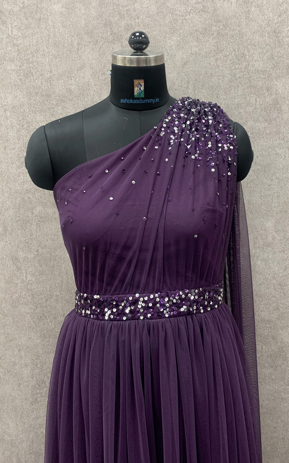 One shoulder party wear embroidered gown