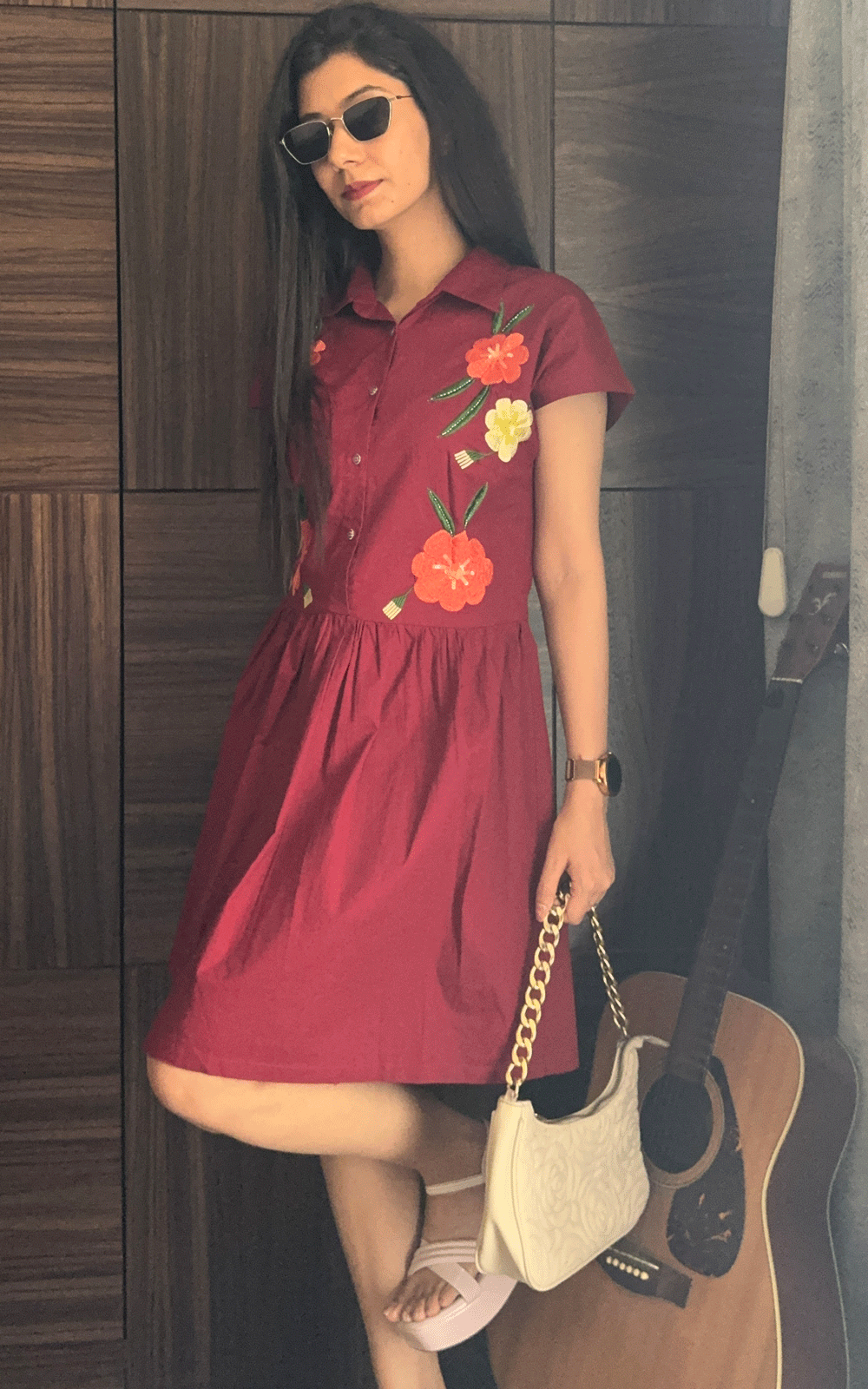 Cotton floral embroidered shirt dress
