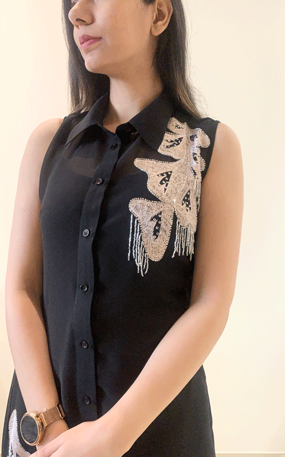 Women's Black embroidered party  shirt dress