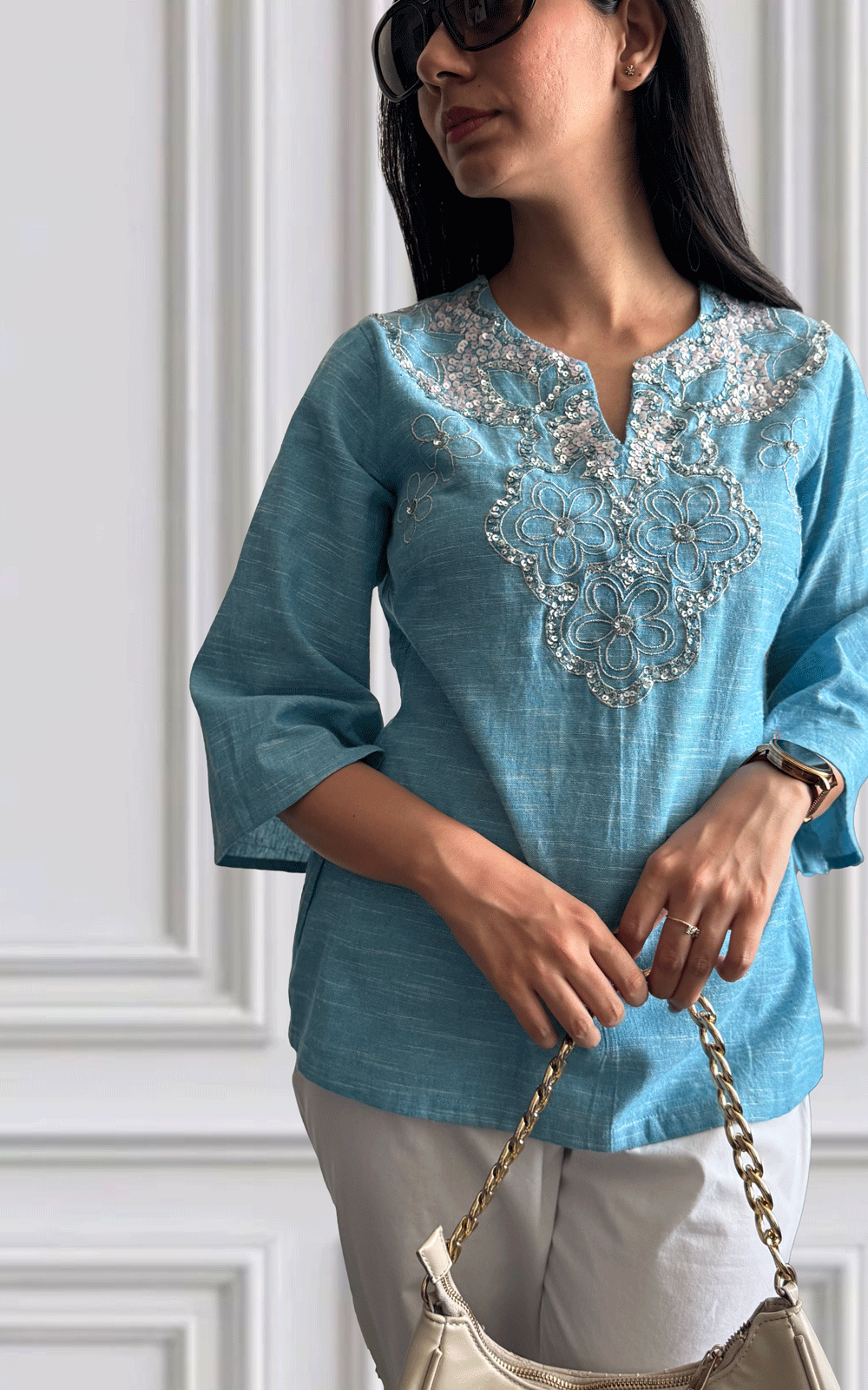 Blue cotton slub embroidered tunic