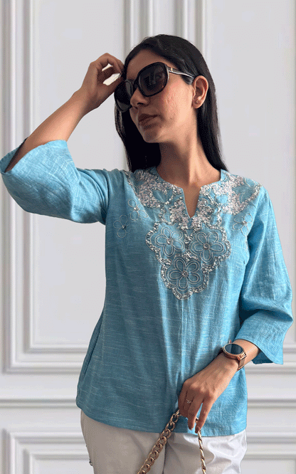 Blue cotton slub embroidered tunic