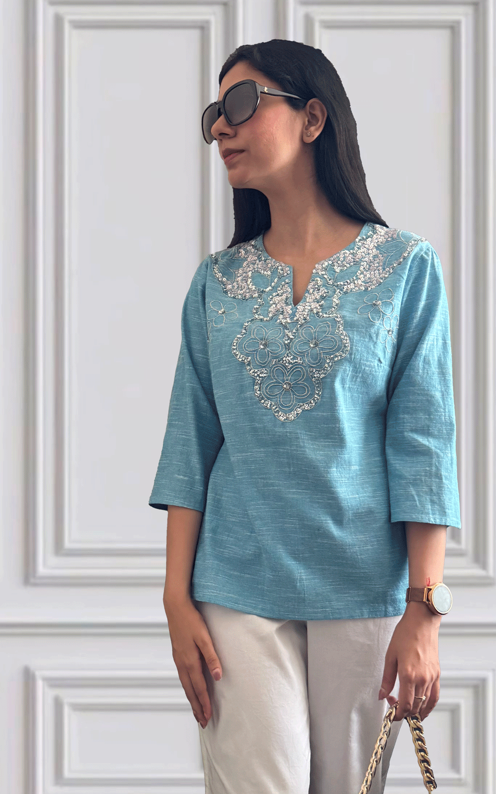 Blue cotton slub embroidered tunic