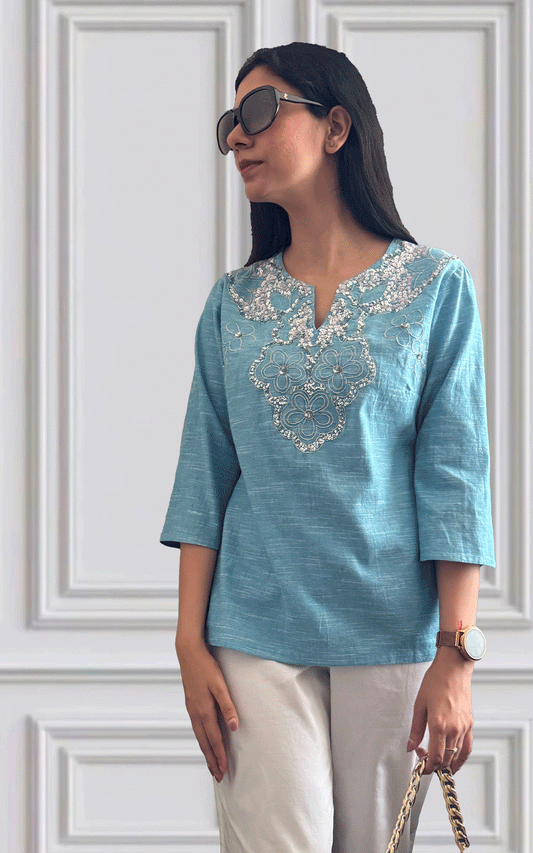 Blue cotton slub embroidered tunic