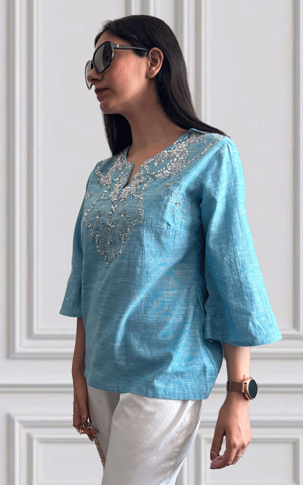 Blue cotton slub embroidered tunic