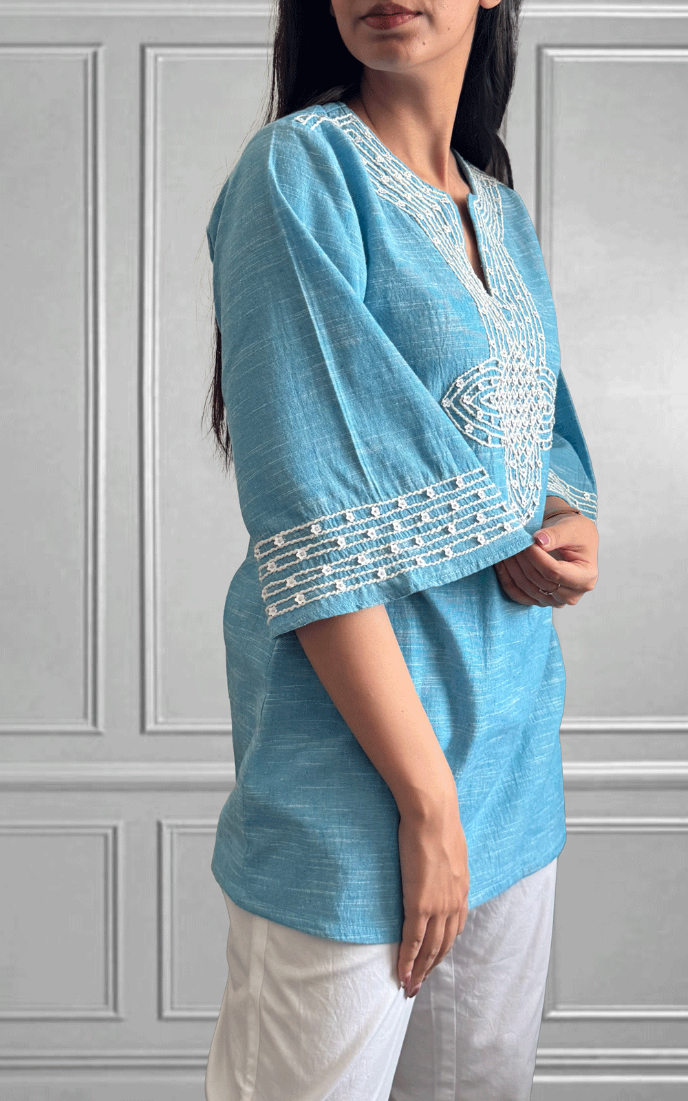 Breezy blue cotton embroidered tunic