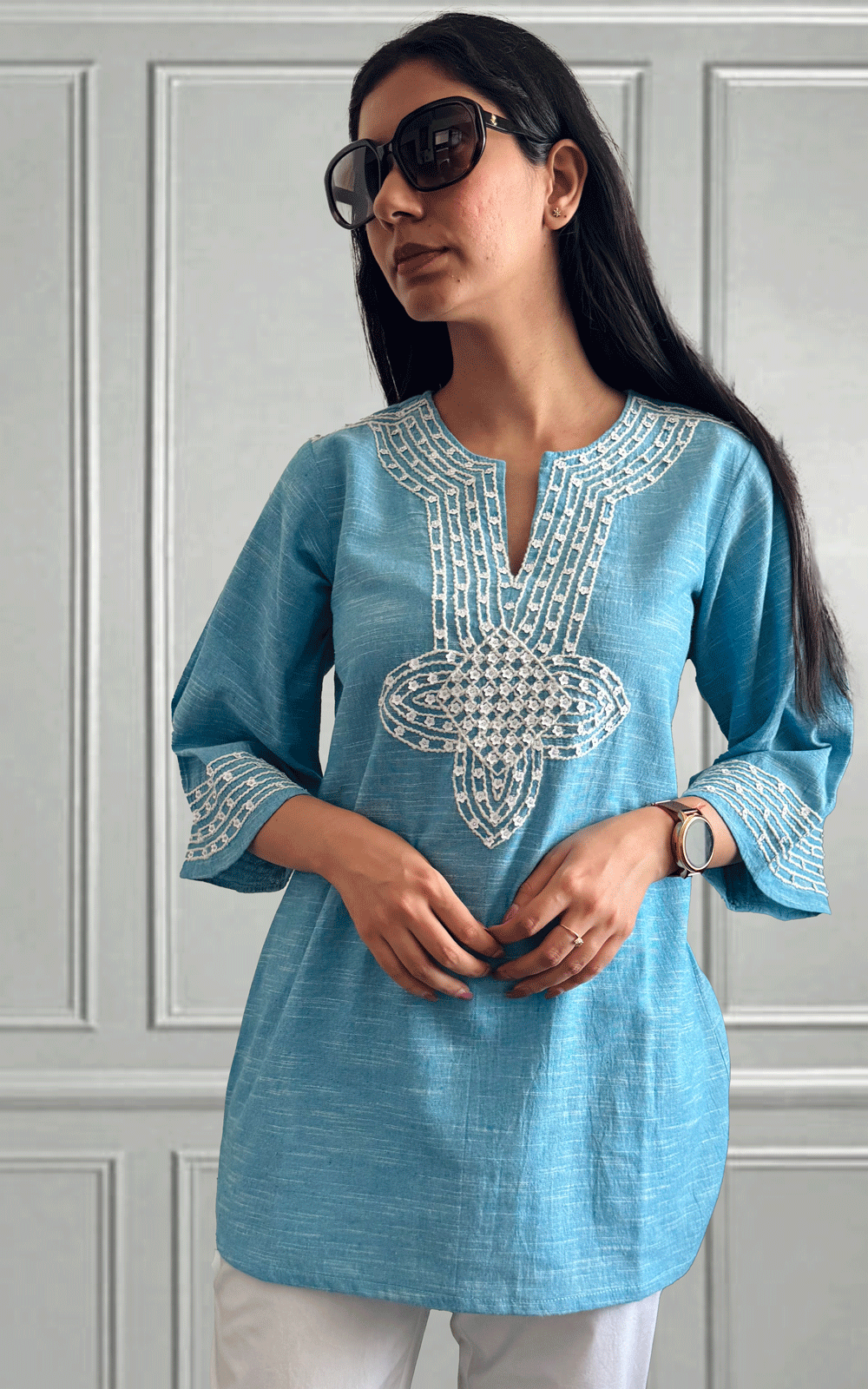Breezy blue cotton embroidered tunic