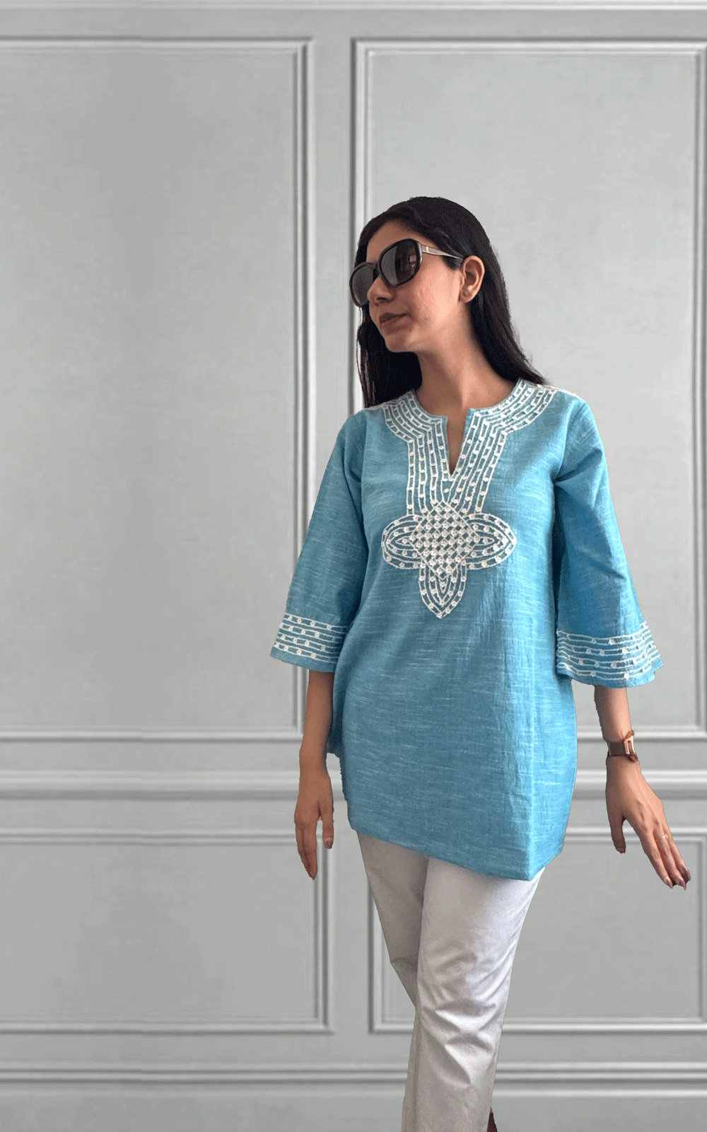 Breezy blue cotton embroidered tunic