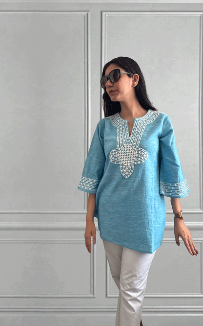 Breezy blue cotton embroidered tunic