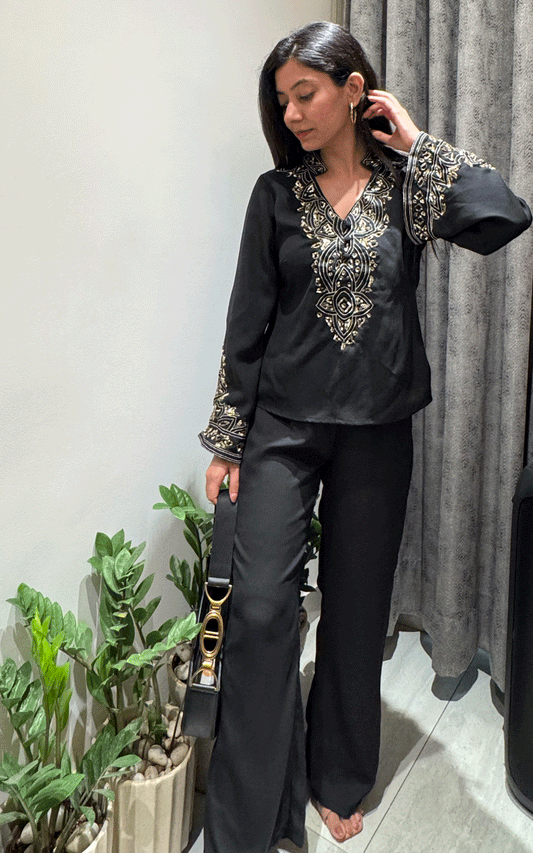 Black golden embroidered cord set