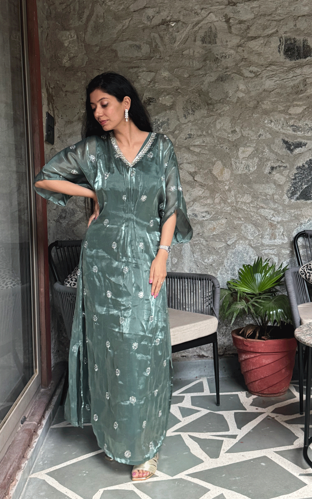 Green -Embellished festive kaftan.