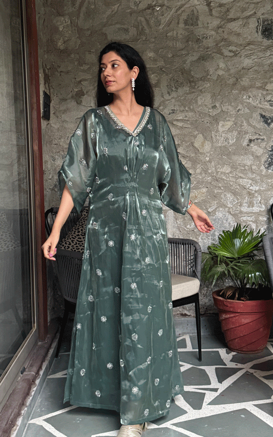 Green -Embellished festive kaftan.