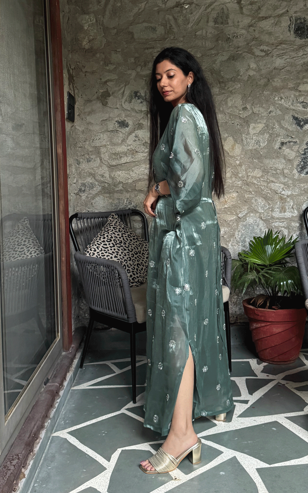 Green -Embellished festive kaftan.