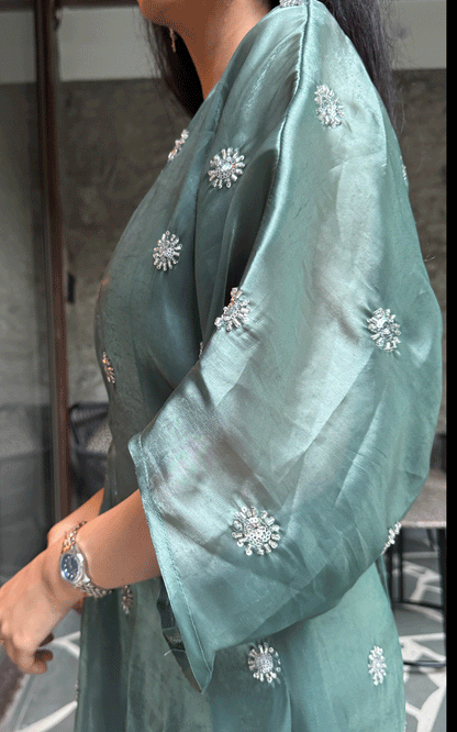 Green -Embellished festive kaftan.