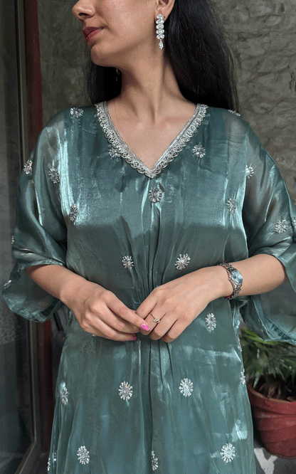 Green -Embellished festive kaftan.