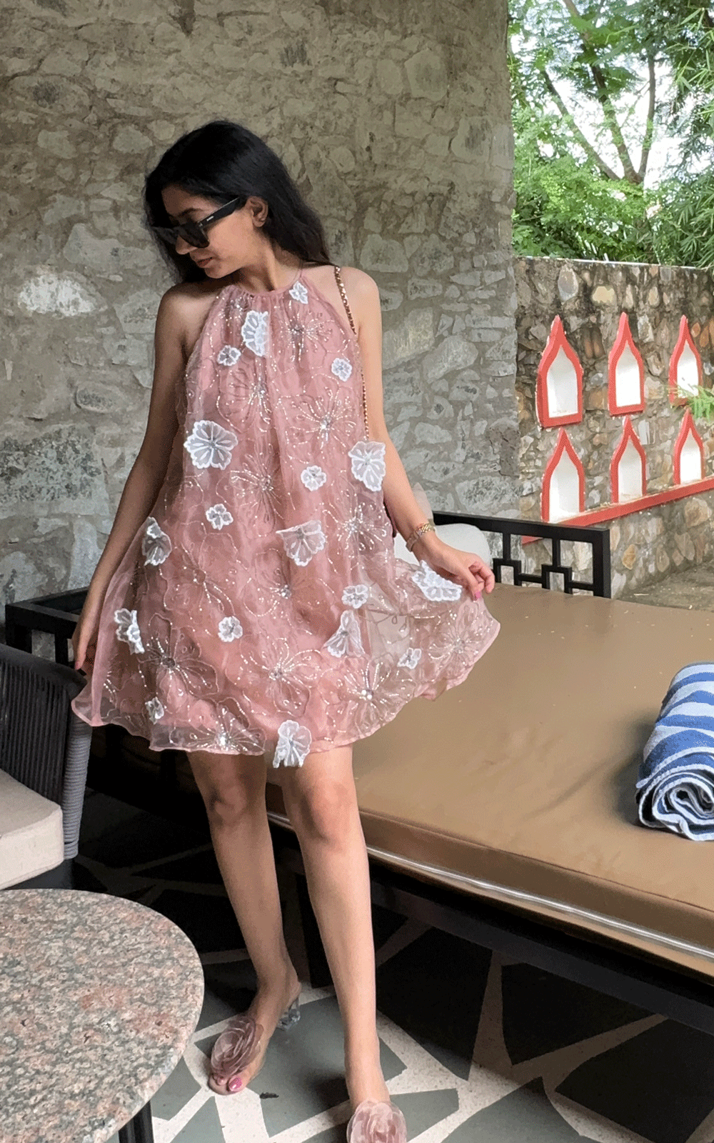 Peach whisper- embellished floral applique dress