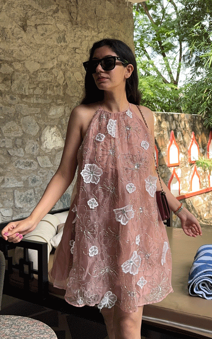 Peach whisper- embellished floral applique dress