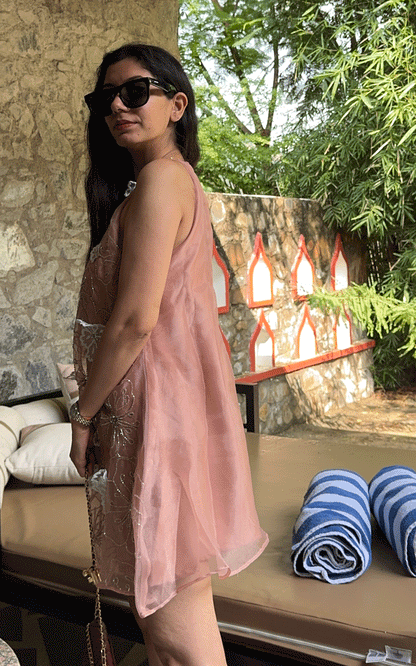 Peach whisper- embellished floral applique dress