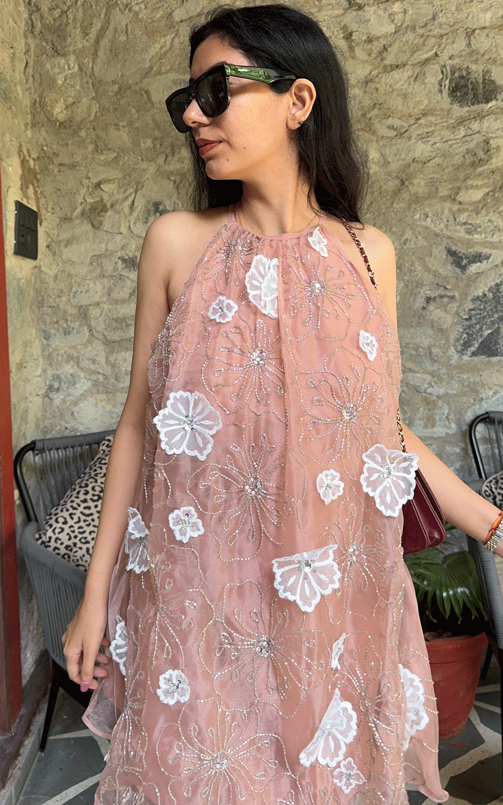 Peach whisper- embellished floral applique dress