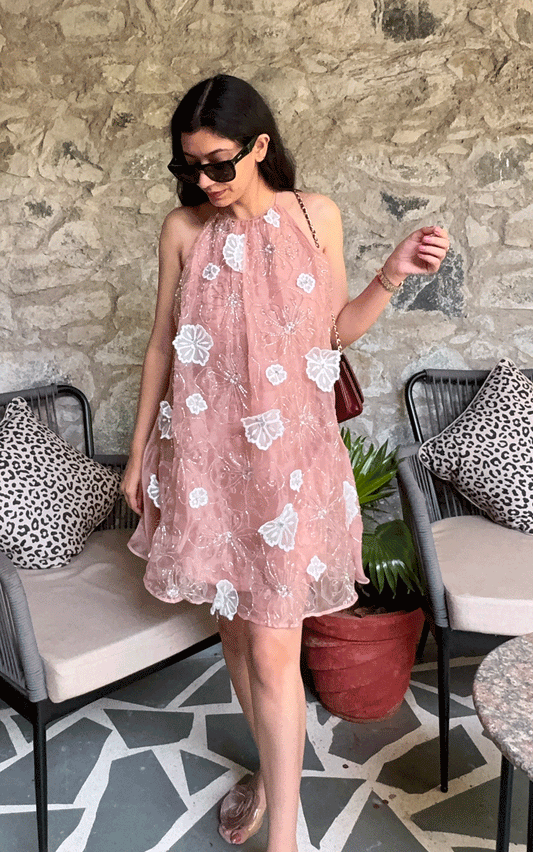 Peach whisper- embellished floral applique dress