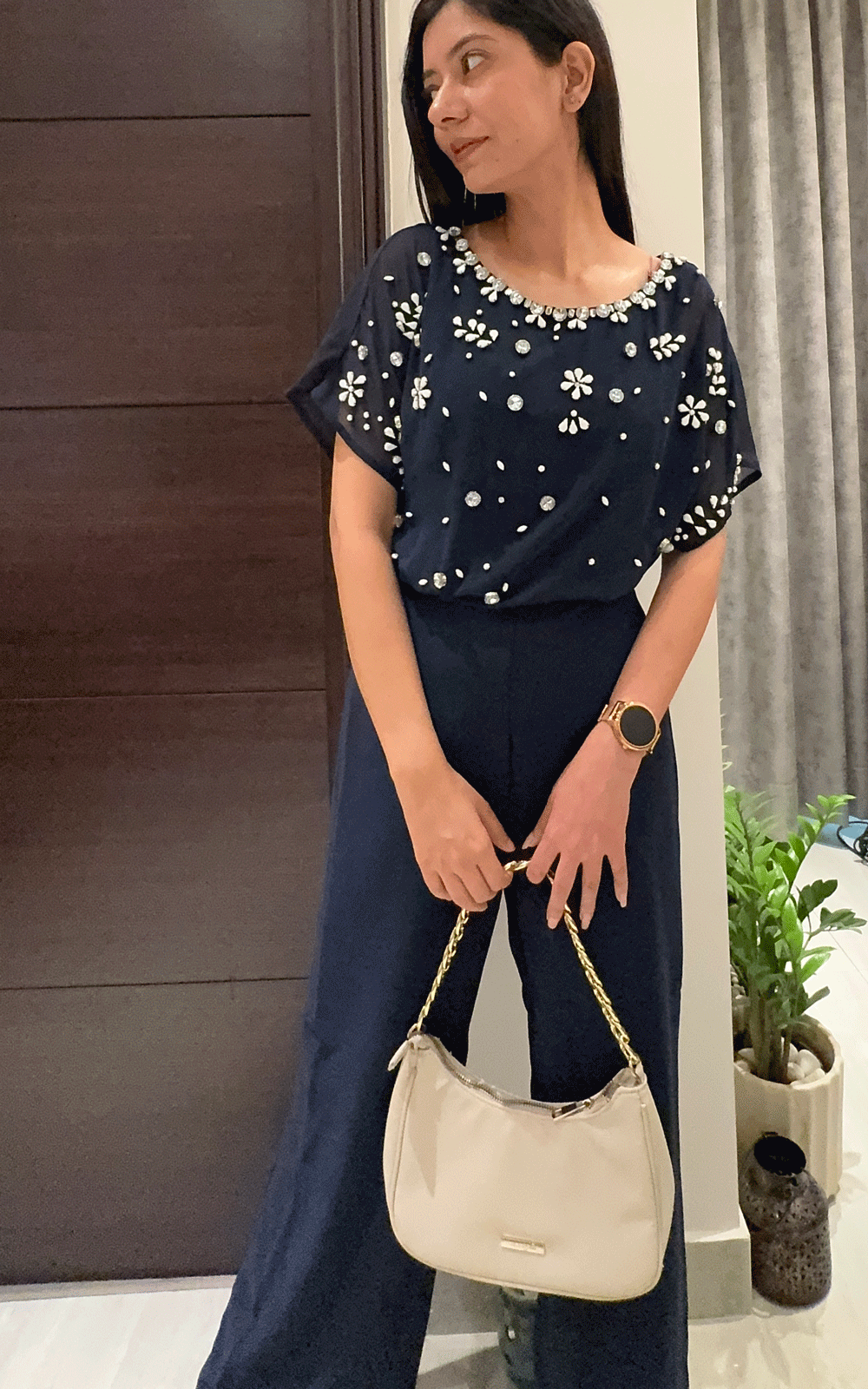 Stones embellished navy party blue jumpsuit