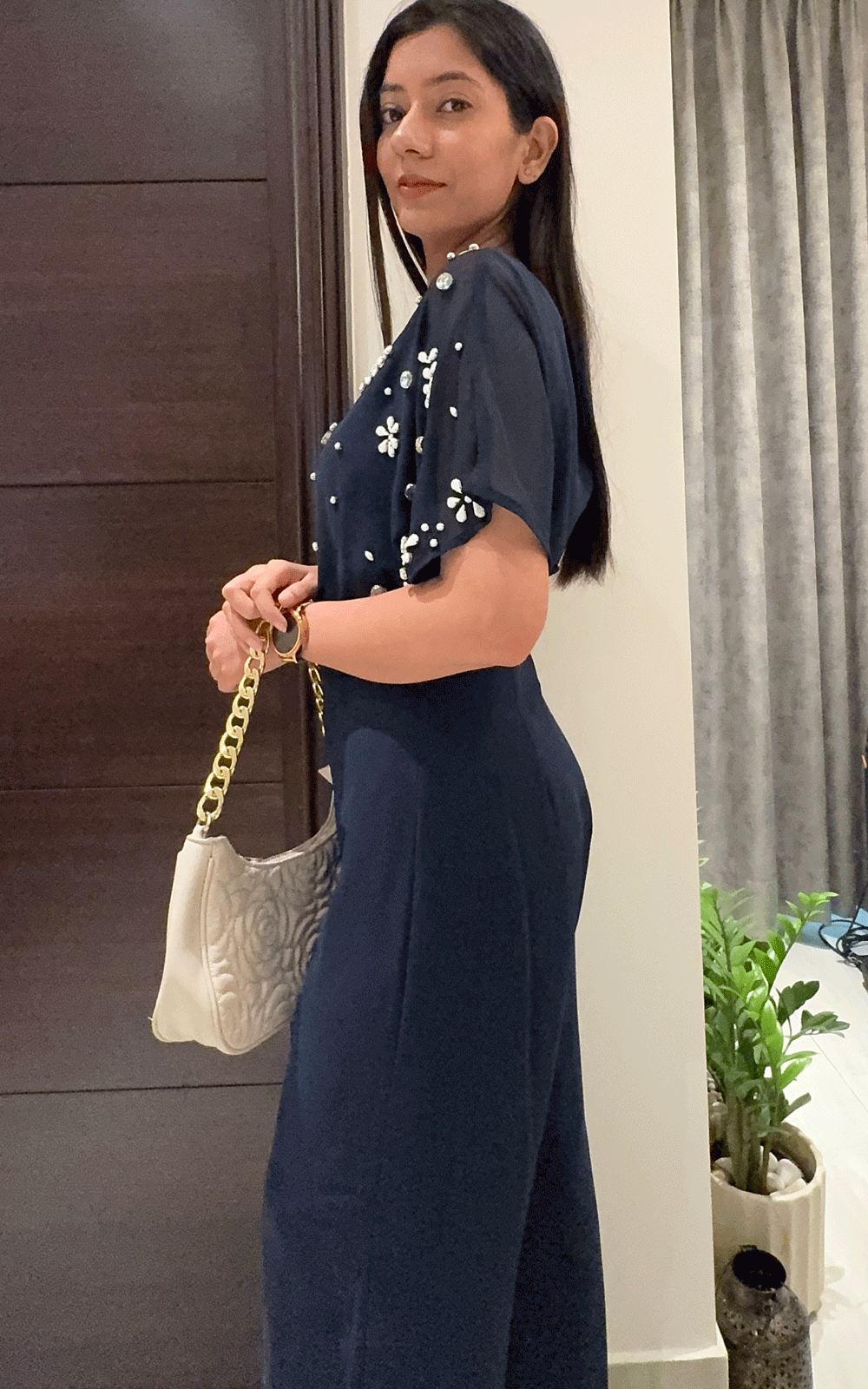 Stones embellished navy party blue jumpsuit