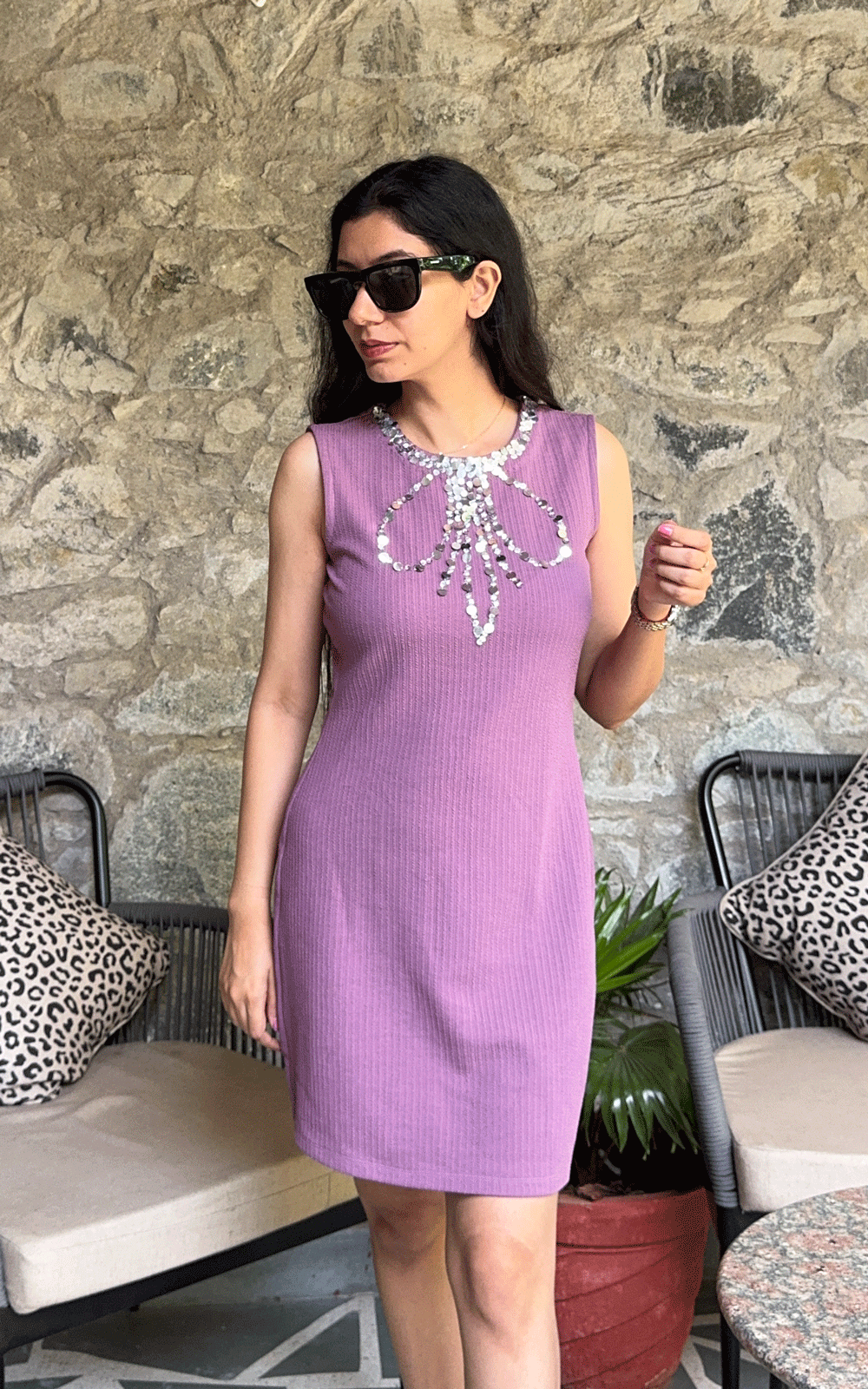 Bowtique Sparkle- mauve ribbed dress