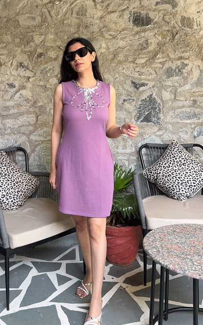 Bowtique Sparkle- mauve ribbed dress