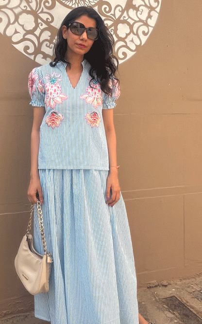 Cotton - patch embroidered top and skirt co-ord set