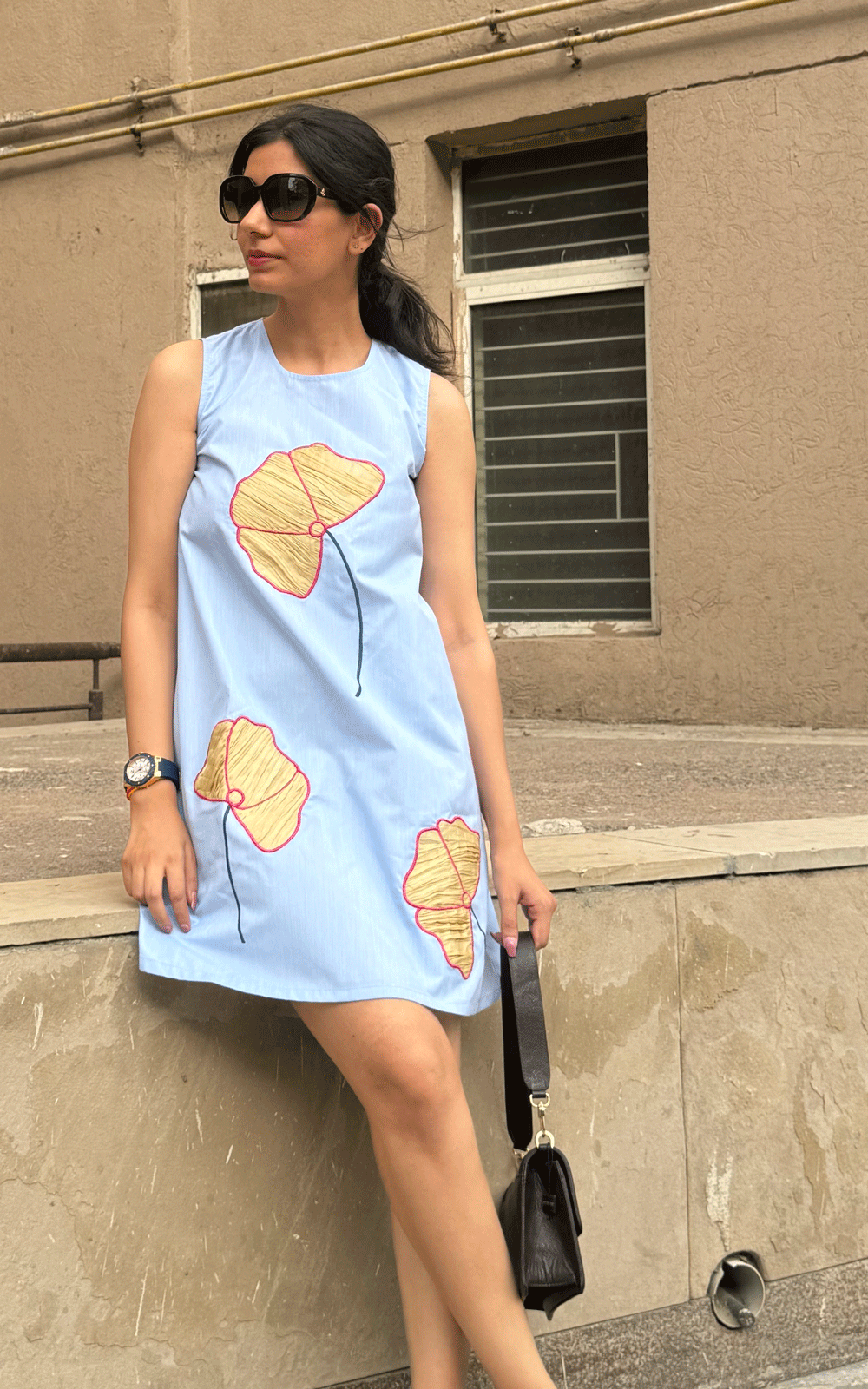 Cotton denim embroidered dress