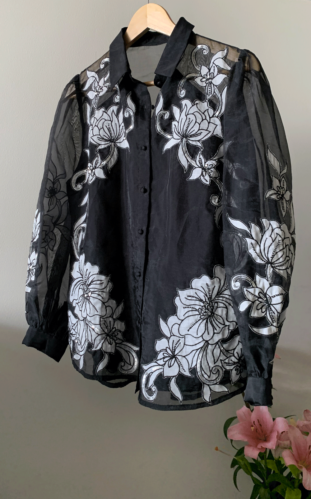 Black organdie applique buttoned blouse