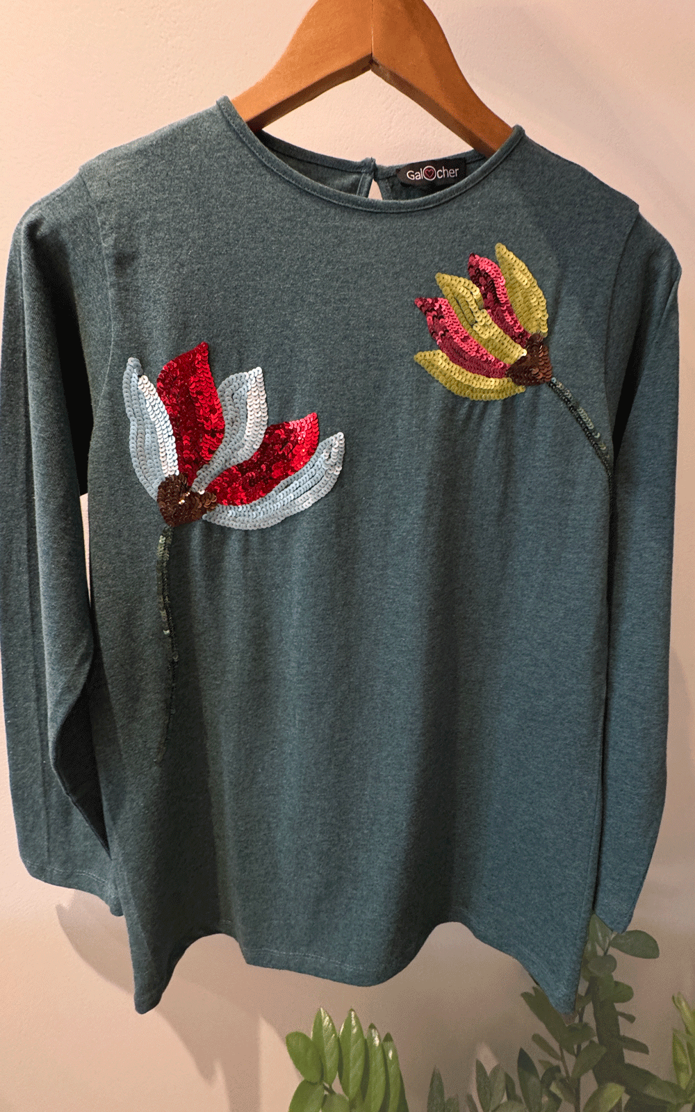 Green jersey sequins embroidered winter top