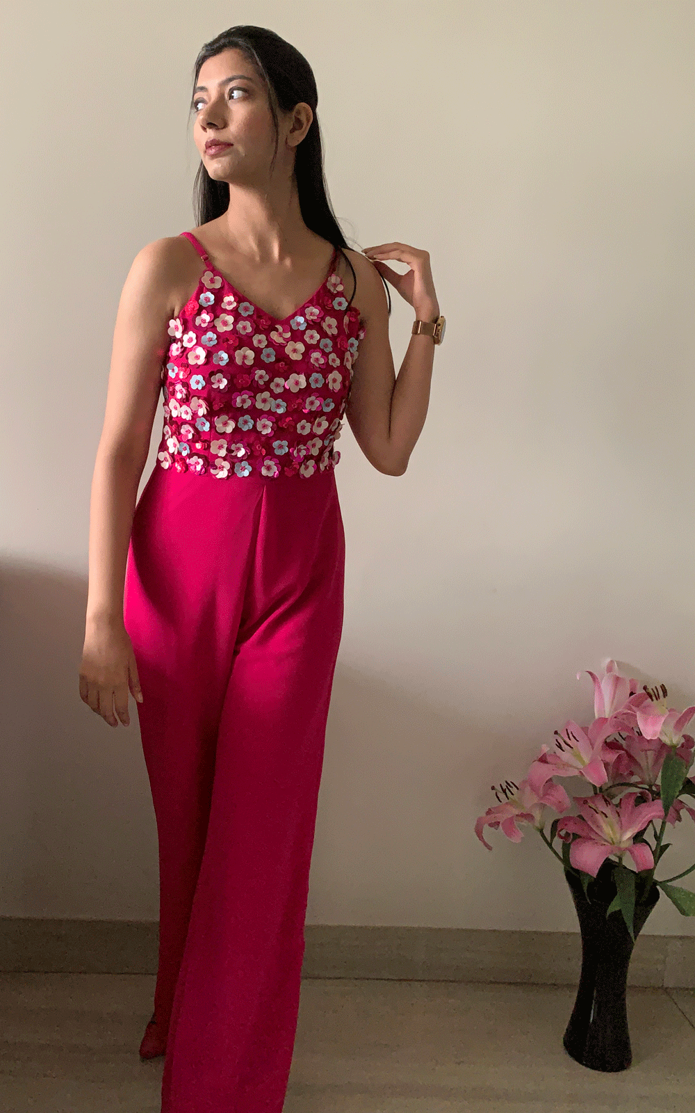 Pink hand embroidered jumpsuit