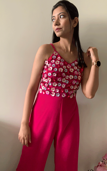 Pink hand embroidered jumpsuit