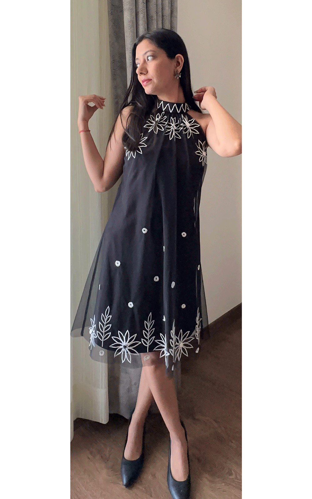 Halter - black embroidered dress