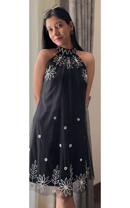 Halter - black embroidered dress