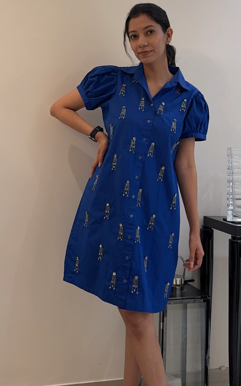 Bedazzled- cotton crystal  stones embellished shirt dress