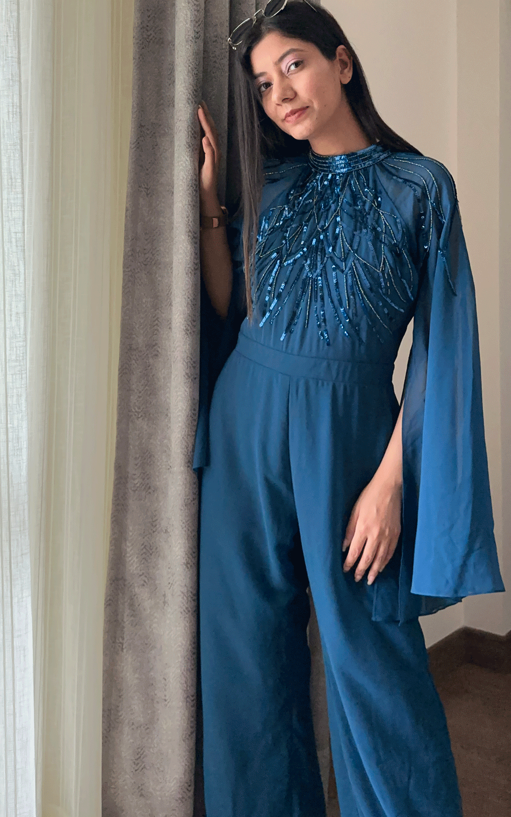 Teal blue hand embroidered jumpsuit