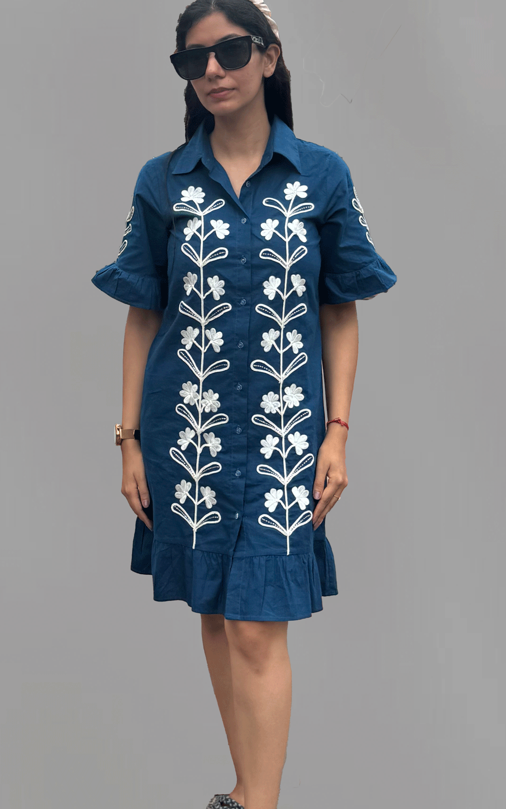 Navy -white Dori embroidered ruffle shirt dress