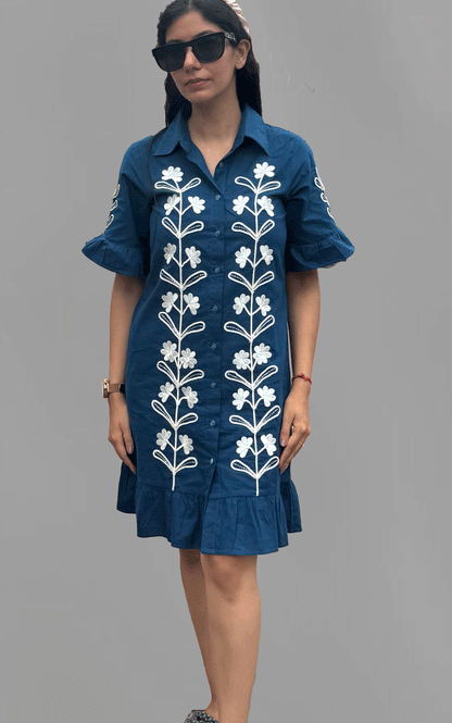 Navy -white Dori embroidered ruffle shirt dress