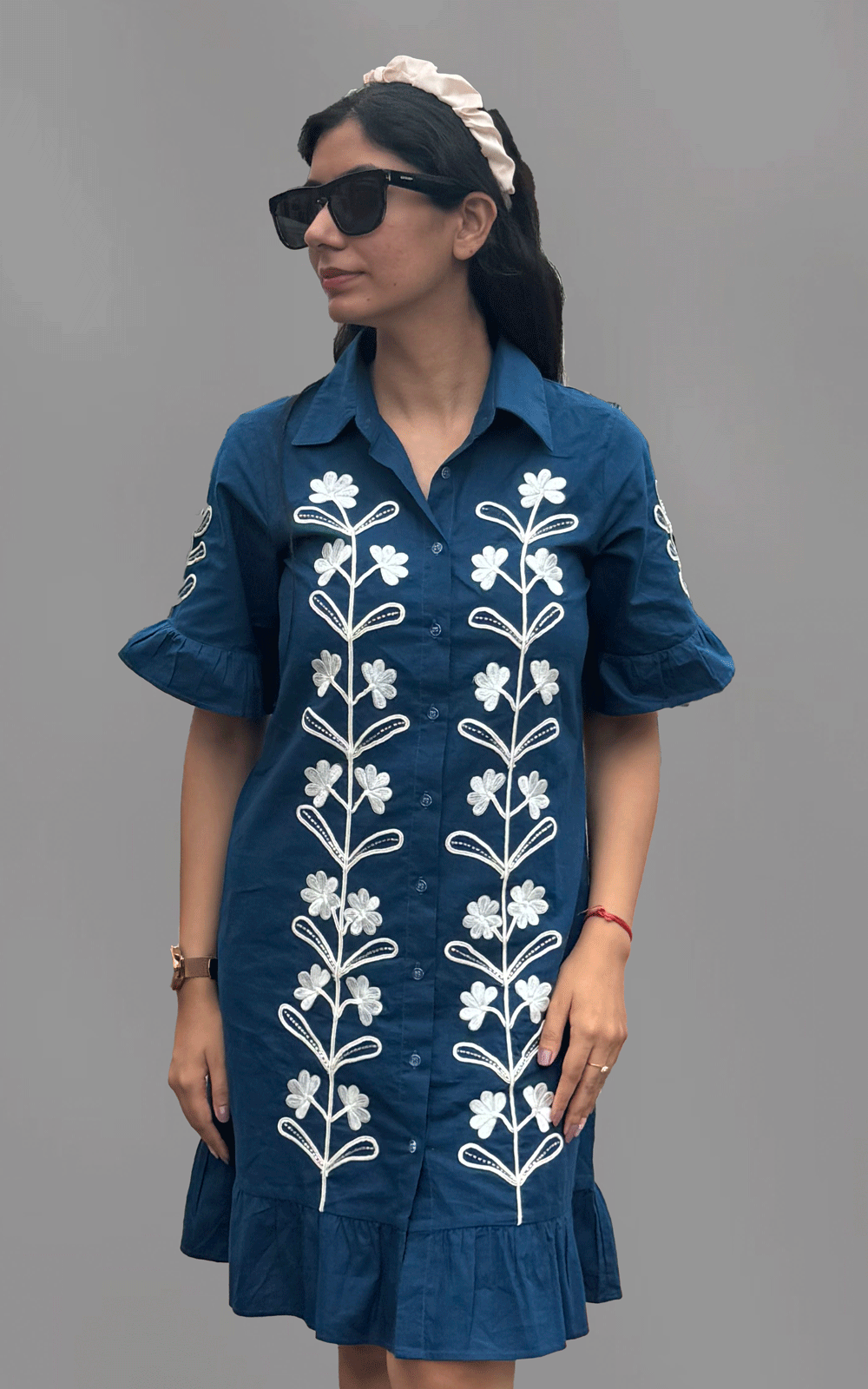 Navy -white Dori embroidered ruffle shirt dress