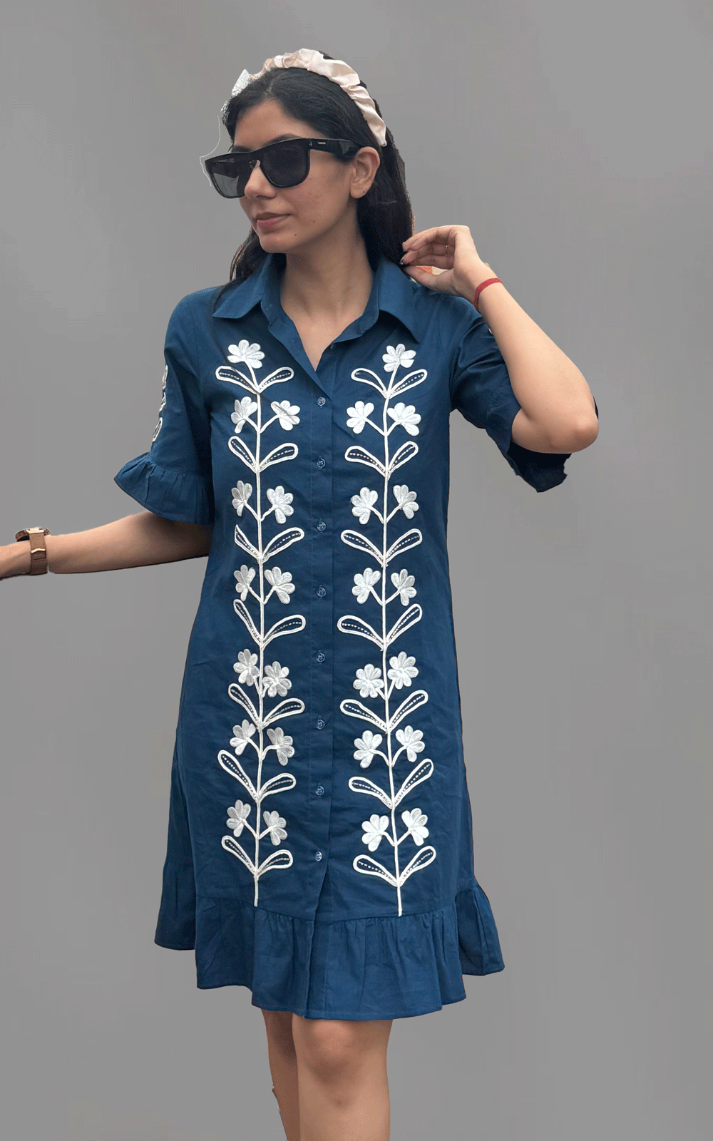 Navy -white Dori embroidered ruffle shirt dress