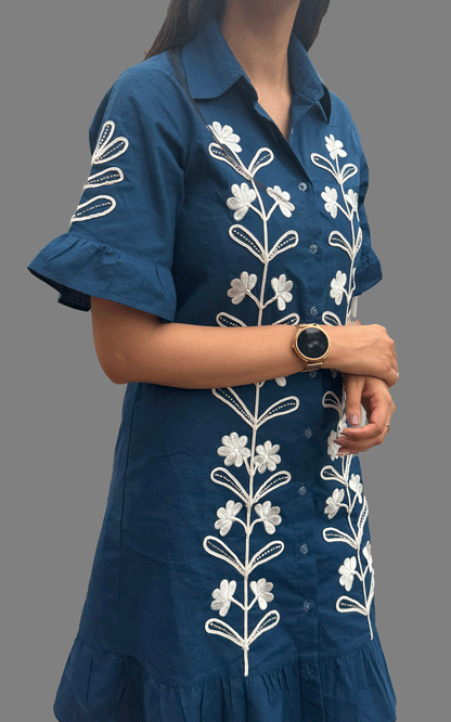 Navy -white Dori embroidered ruffle shirt dress